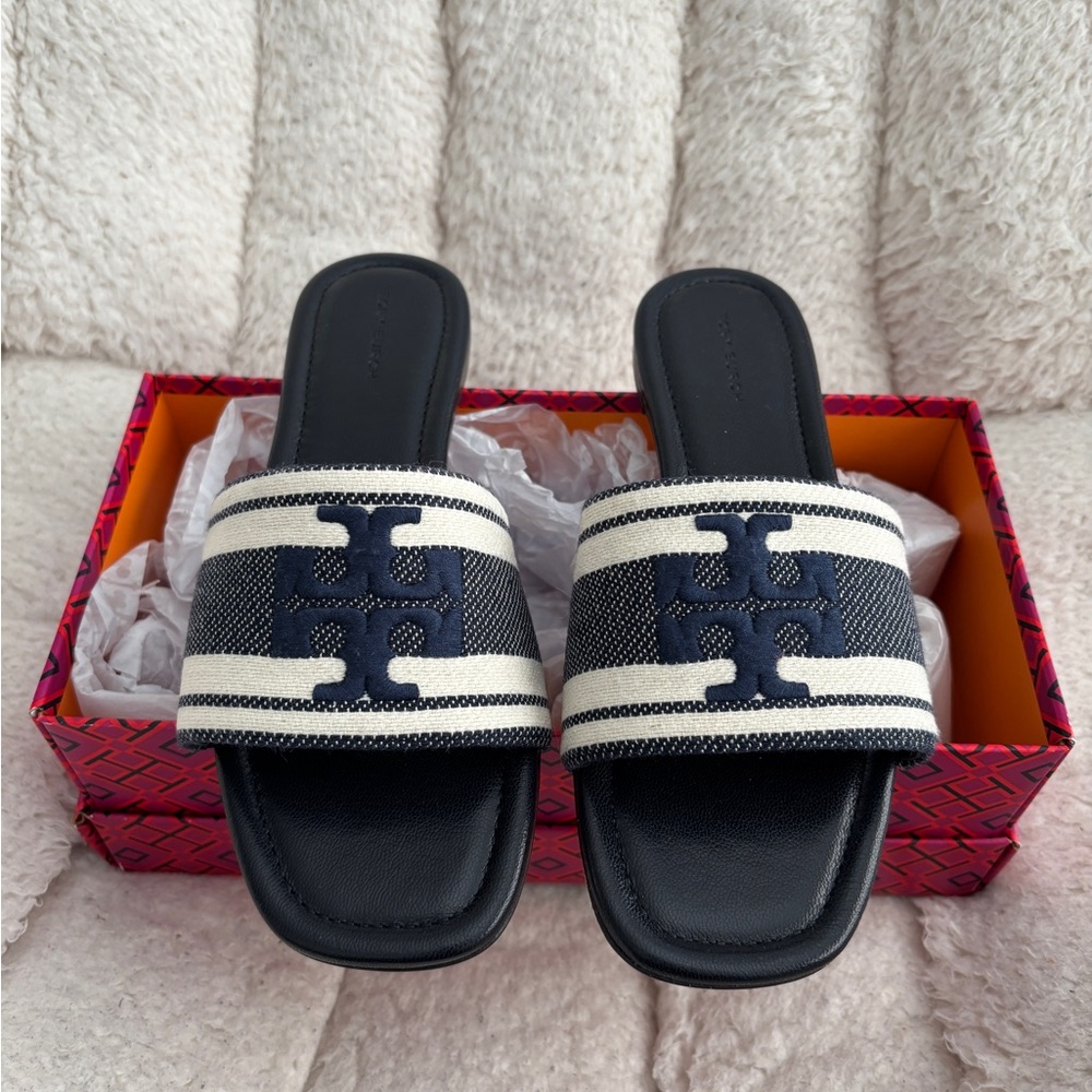 Tory Burch Navy and White Slide Sandals